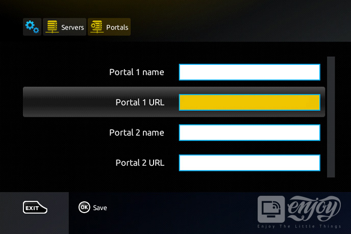 MAG Portals screen with Portal 1 name and Portal 1 URL fields ready for entry