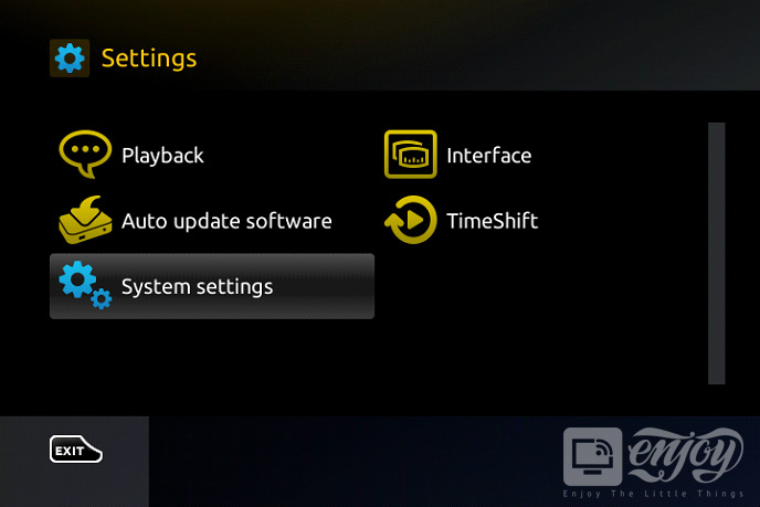 MAG Settings menu with Playback, Interface, Auto update software, TimeShift and System settings entries
